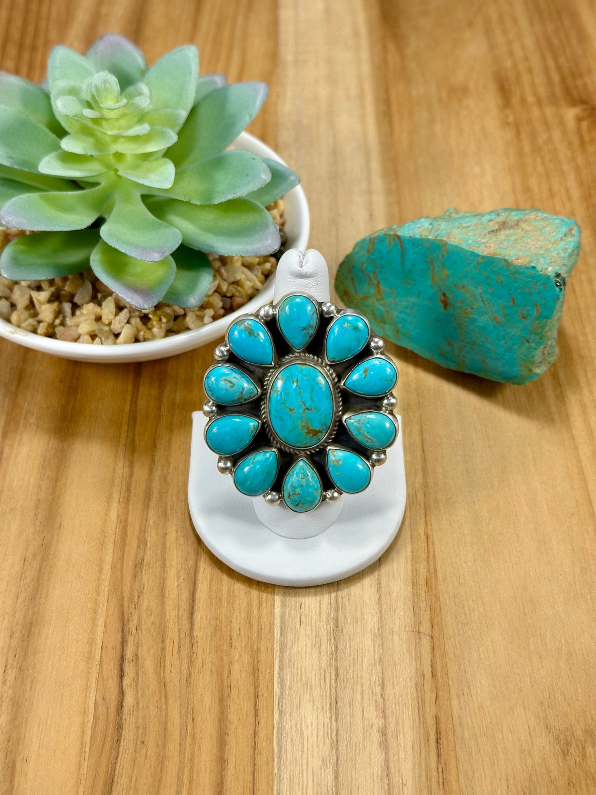 Kingman Turquoise Floral Cluster Sterling Silver Ring – Live Roadshow 505