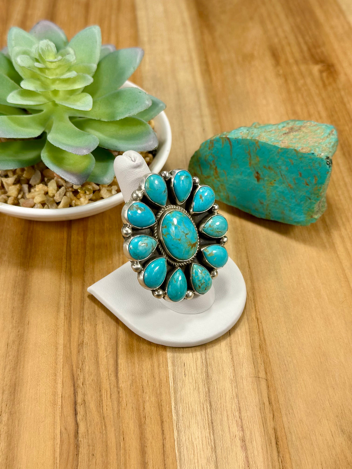 Kingman Turquoise Floral Cluster Sterling Silver Ring – Live Roadshow 505