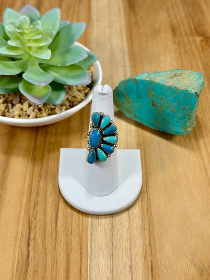 Kingman Turquoise Floral Half Cluster Sterling Silver Ring
