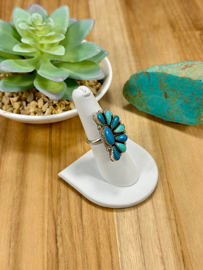 Kingman Turquoise Floral Half Cluster Sterling Silver Ring