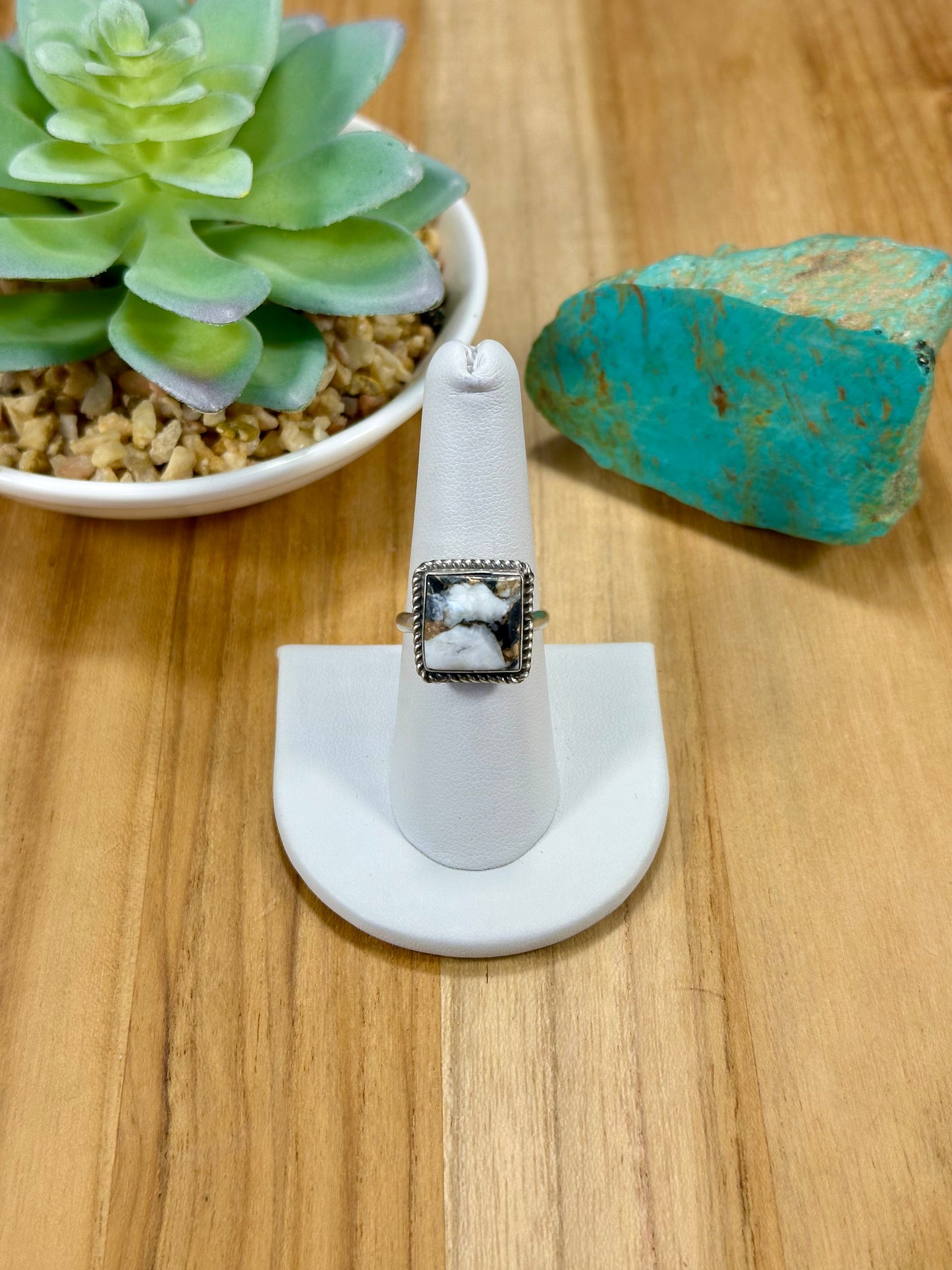 Crushed White Buffalo Square Sterling Silver Ring