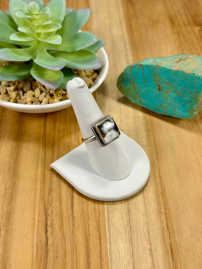 Crushed White Buffalo Square Sterling Silver Ring