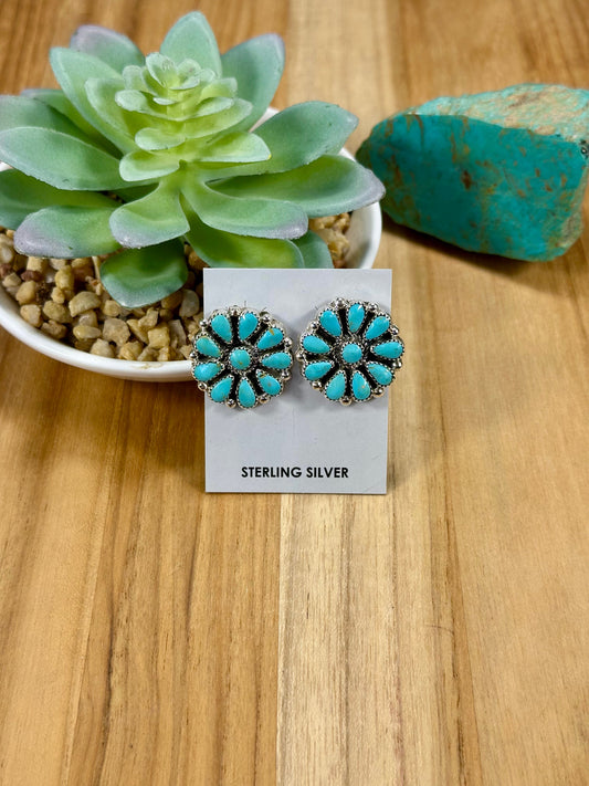 Kingman Turquoise Floral Cluster Sterling Silver Earrings