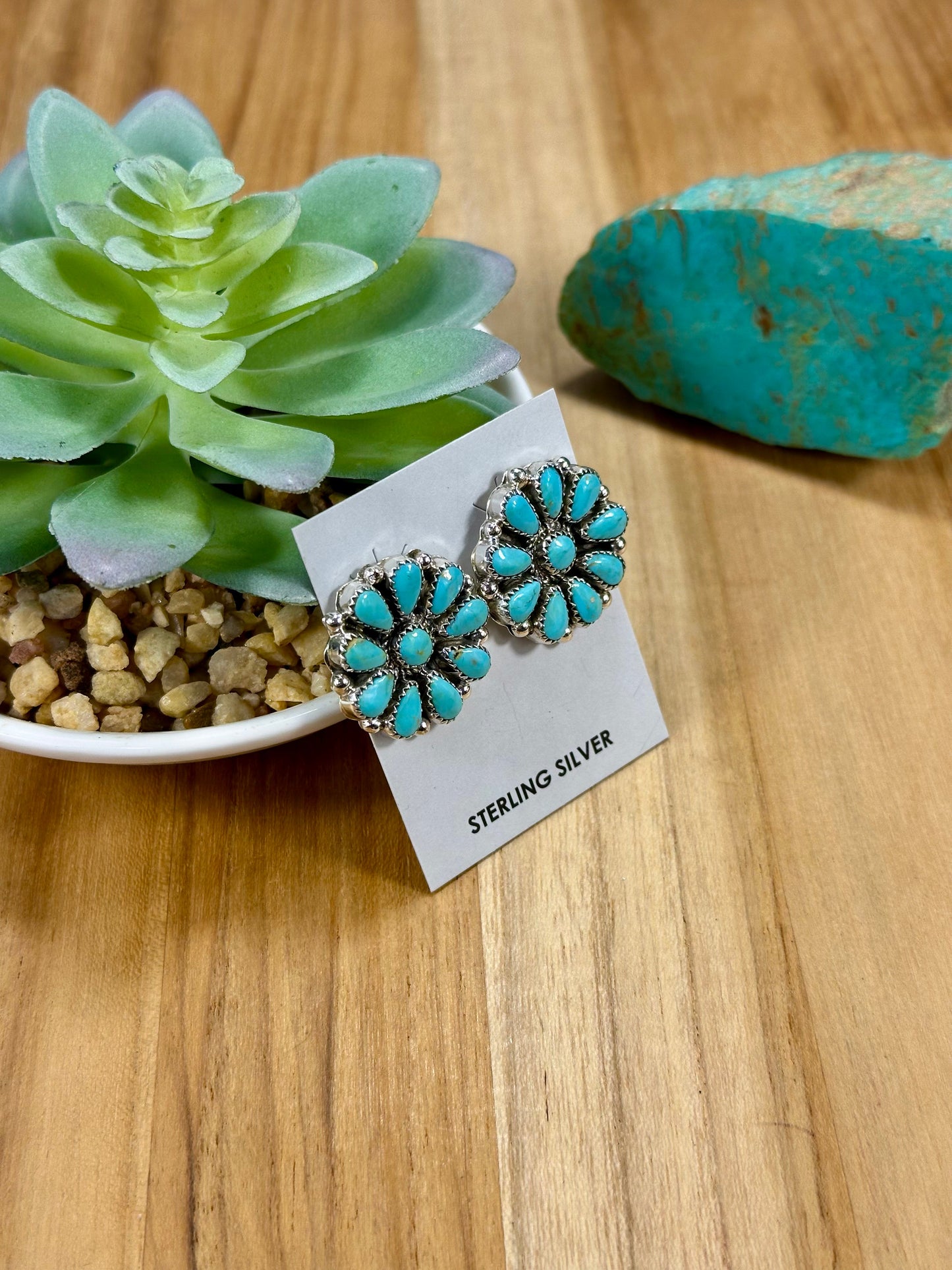 Kingman Turquoise Floral Cluster Sterling Silver Earrings