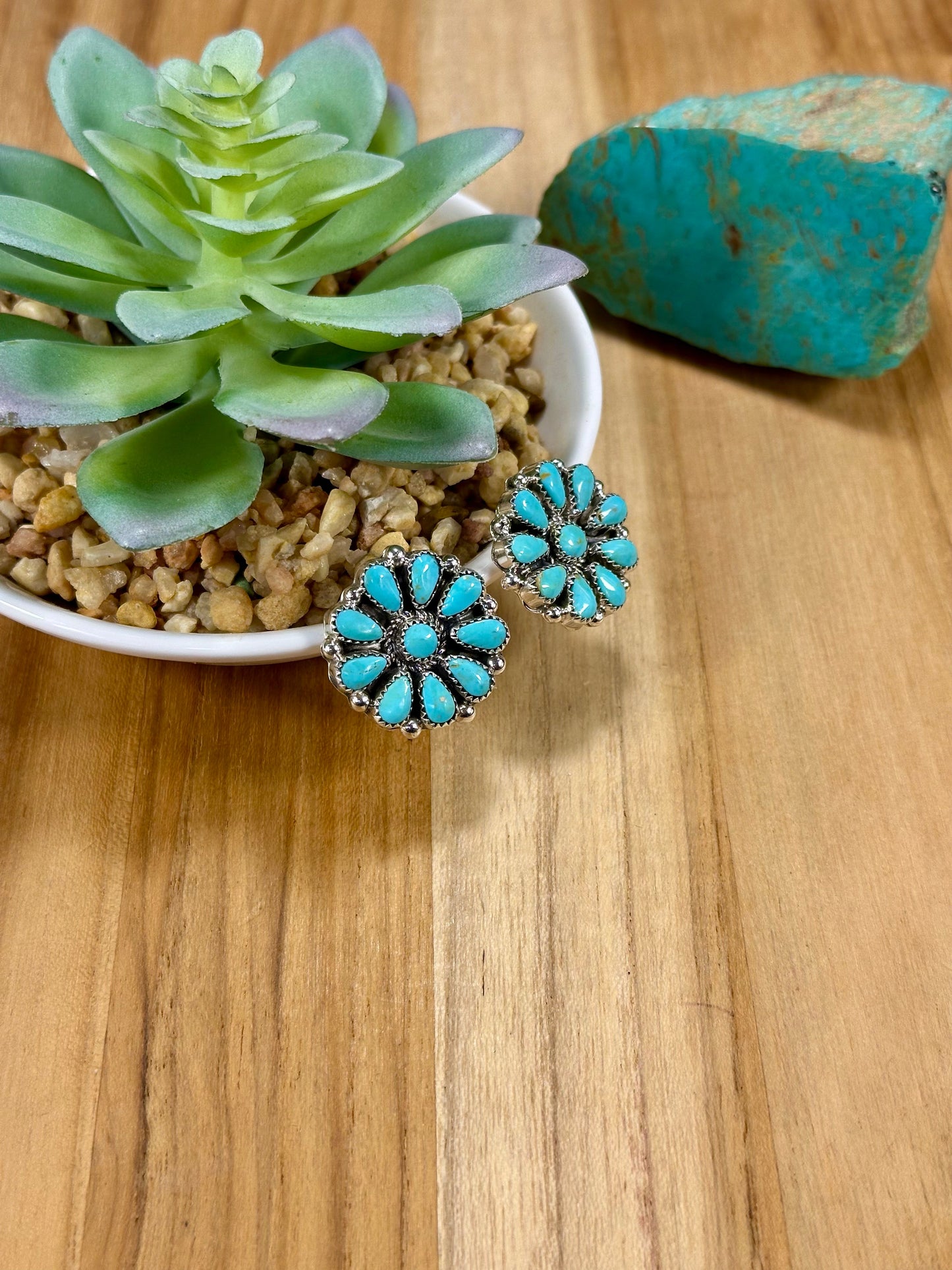 Kingman Turquoise Floral Cluster Sterling Silver Earrings