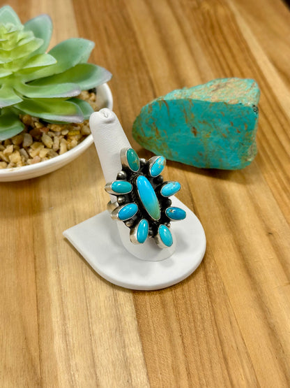 Kingman Turquoise Floral Cluster Sterling Silver Ring