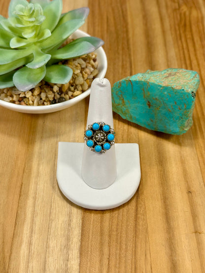 Kingman Turquoise Floral Cluster Sterling Silver Ring
