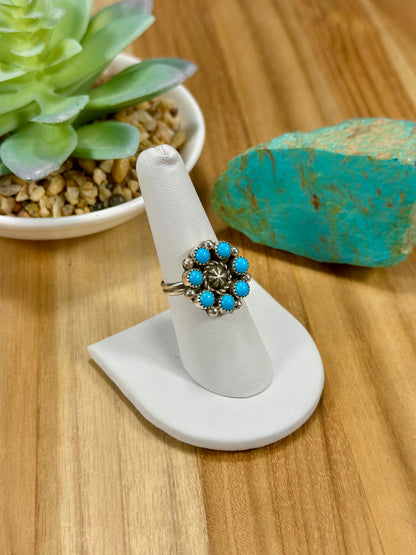 Kingman Turquoise Floral Cluster Sterling Silver Ring