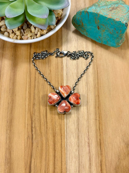 Red Spiny 4 Heart Clover Sterling Silver Necklace