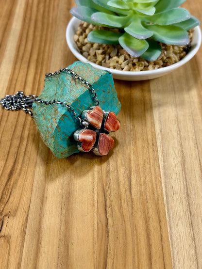 Red Spiny 4 Heart Clover Sterling Silver Necklace