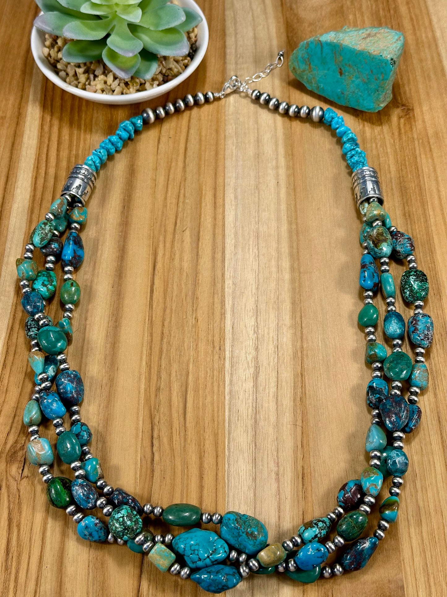 Kingman Turquoise & Sterling Pearl 3 Strand Necklace
