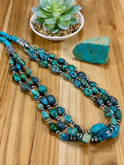 Kingman Turquoise & Sterling Pearl 3 Strand Necklace