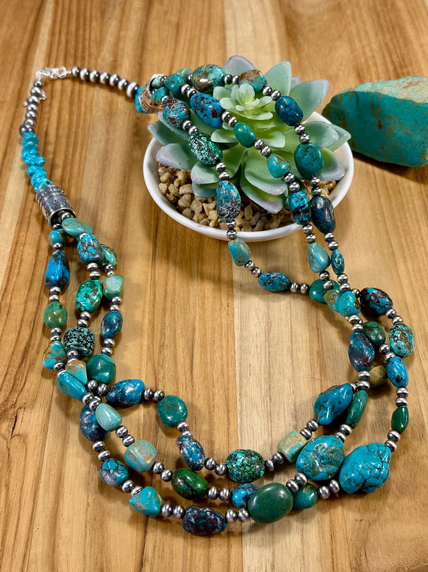 Kingman Turquoise & Sterling Pearl 3 Strand Necklace