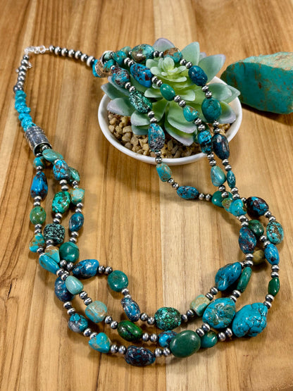 Kingman Turquoise & Sterling Pearl 3 Strand Necklace