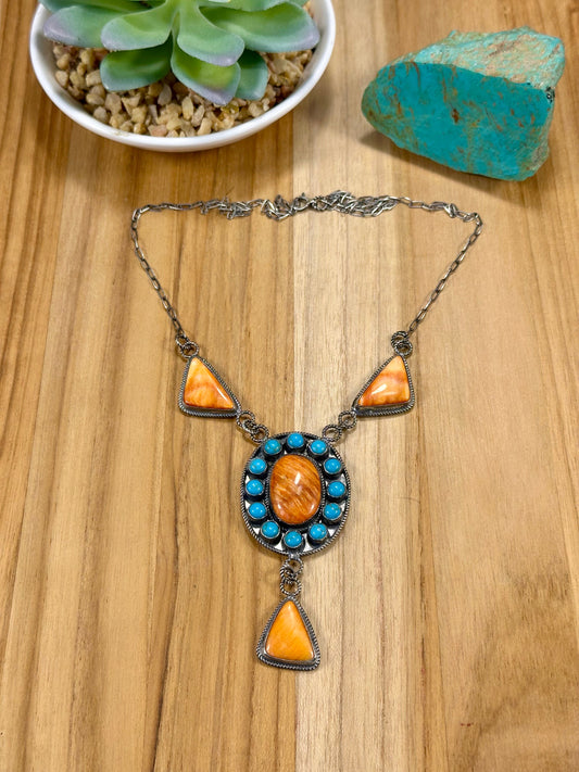 Orange Spiny & Kingman Turquoise Cluster Lariat Necklace
