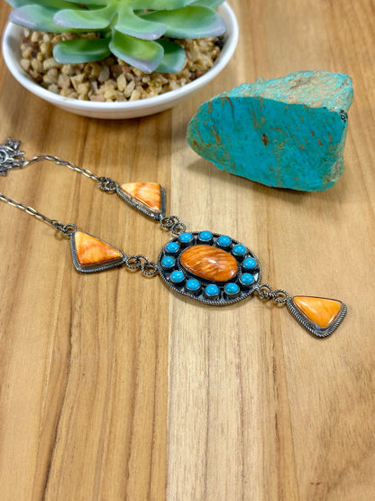 Orange Spiny & Kingman Turquoise Cluster Lariat Necklace