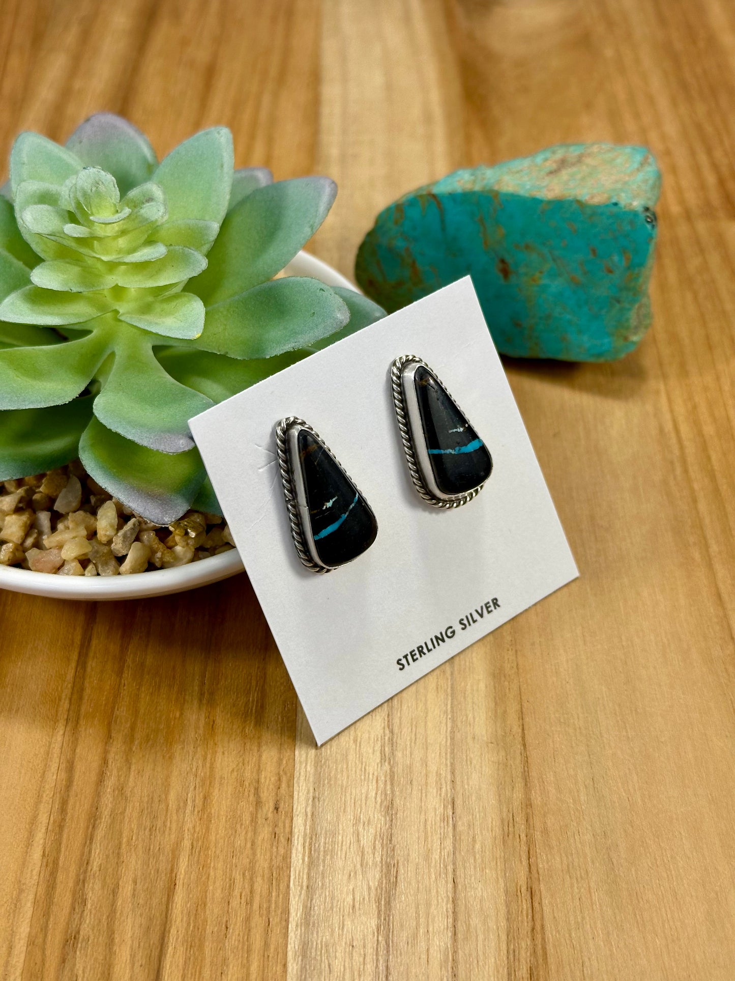 Black Jack Teardrop Sterling Silver Stud Earrings