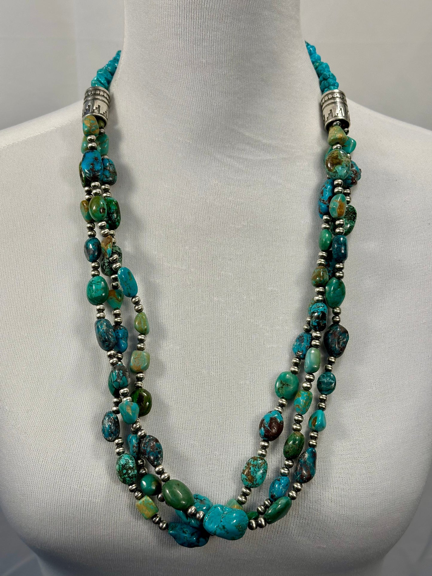 Kingman Turquoise & Sterling Pearl 3 Strand Necklace