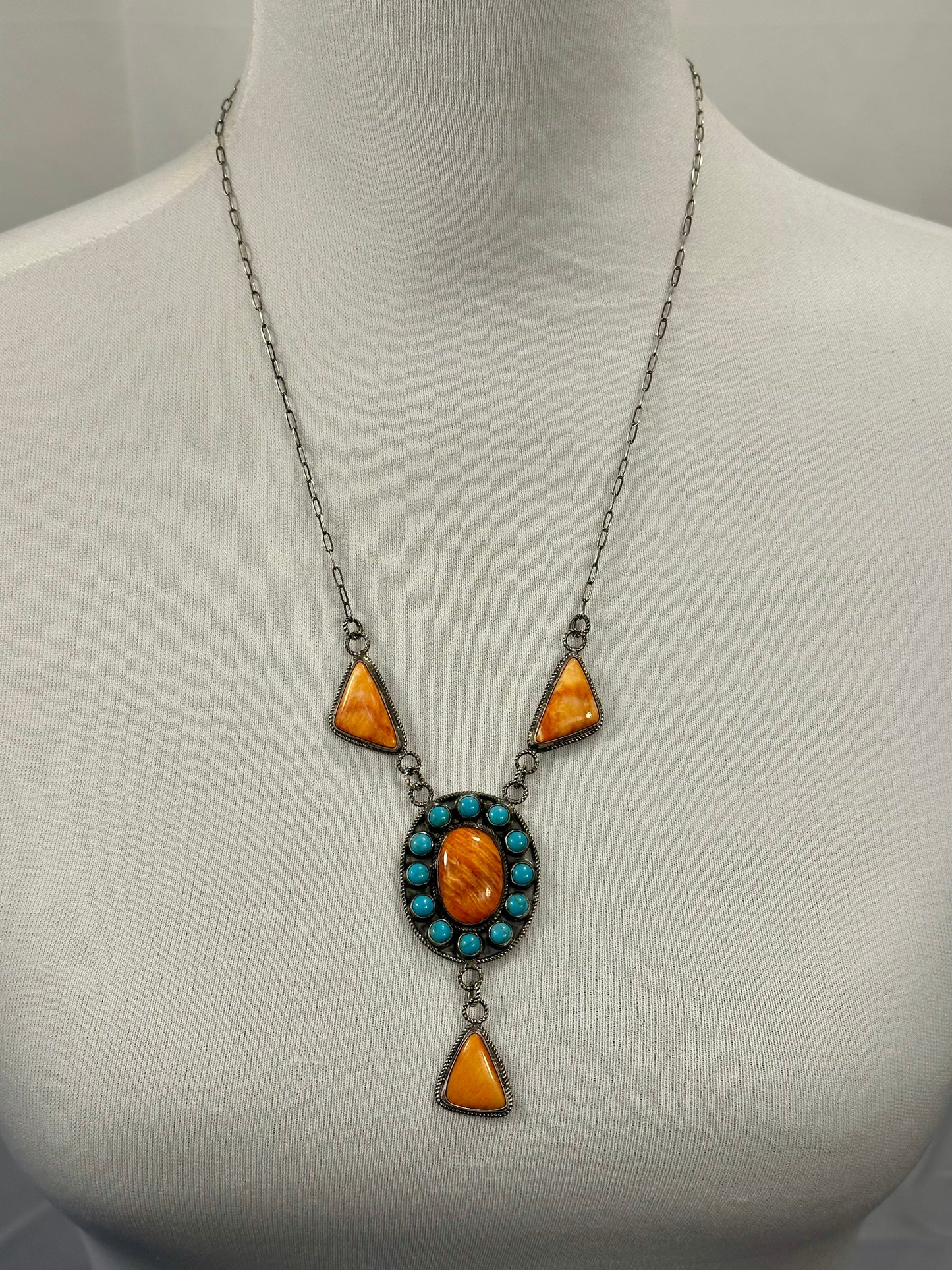 Orange Spiny & Kingman Turquoise Cluster Lariat Necklace