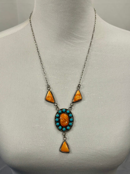 Orange Spiny & Kingman Turquoise Cluster Lariat Necklace