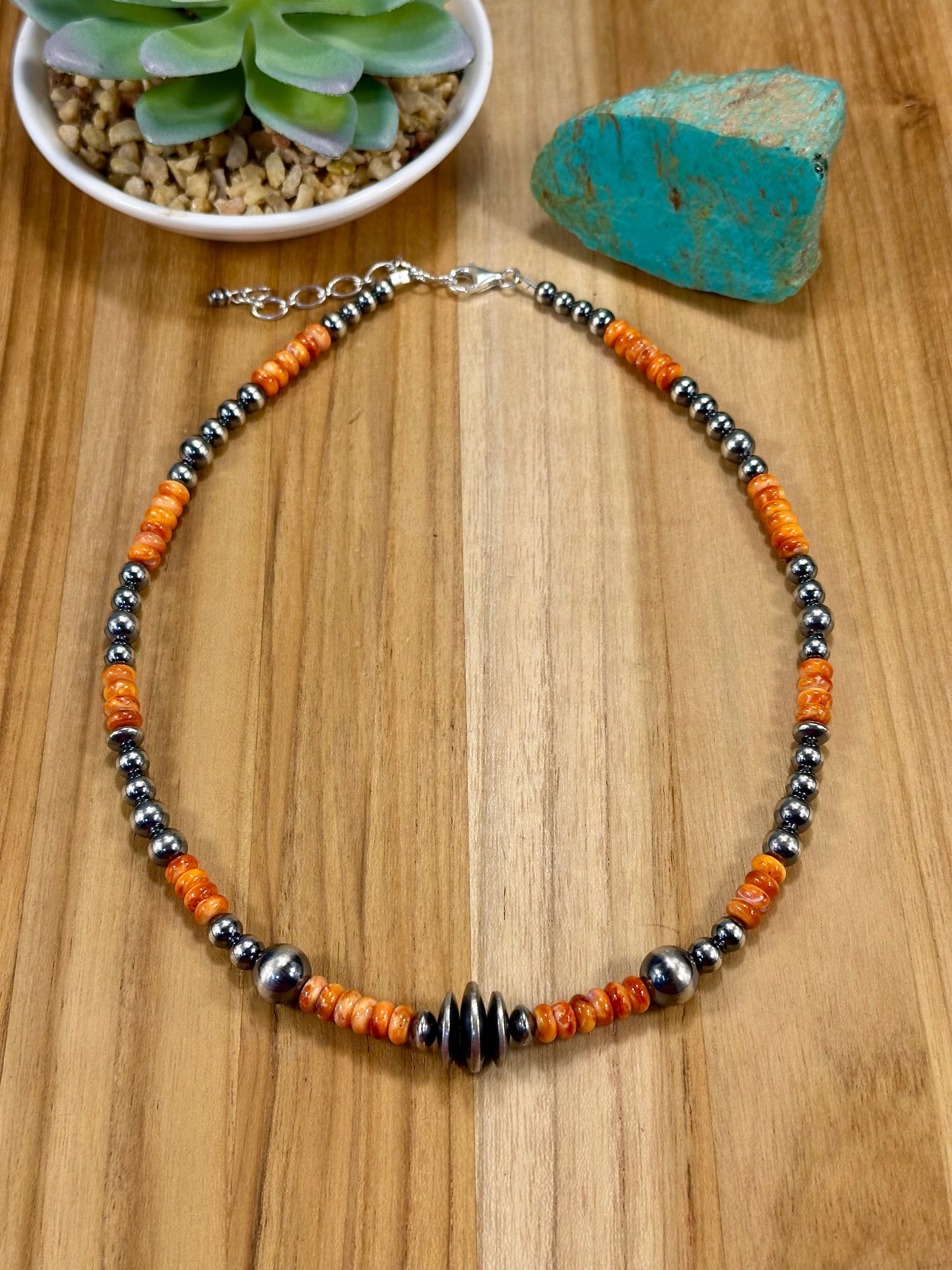 Orange Spiny Oyster & Navajo Pearl Necklace