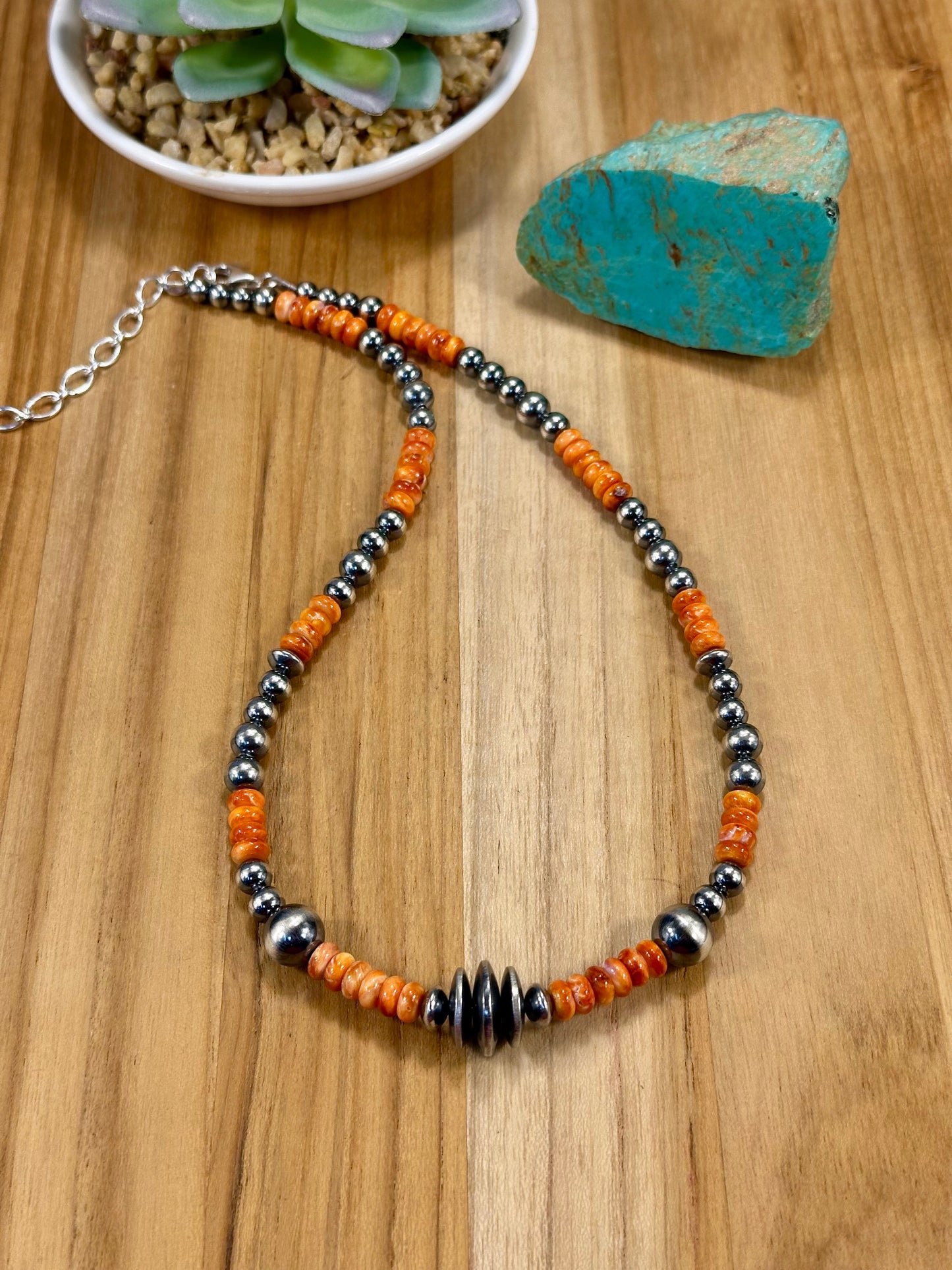 Orange Spiny Oyster & Navajo Pearl Necklace