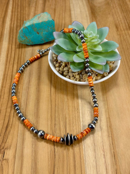 Orange Spiny Oyster & Navajo Pearl Necklace