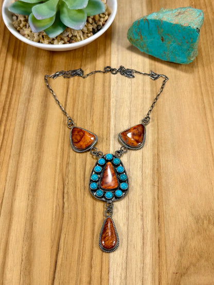 Orange Spiny & Kingman Turquoise Cluster Lariat Necklace