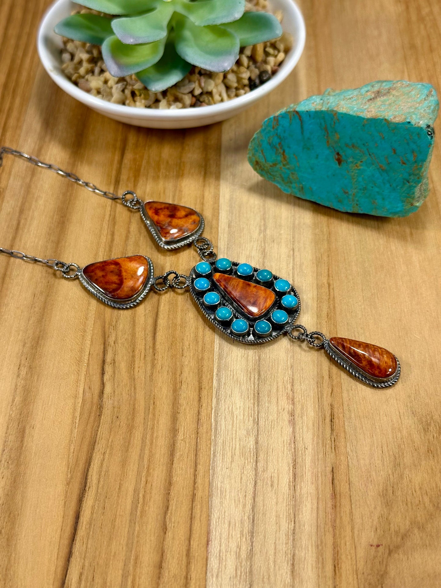 Orange Spiny & Kingman Turquoise Cluster Lariat Necklace