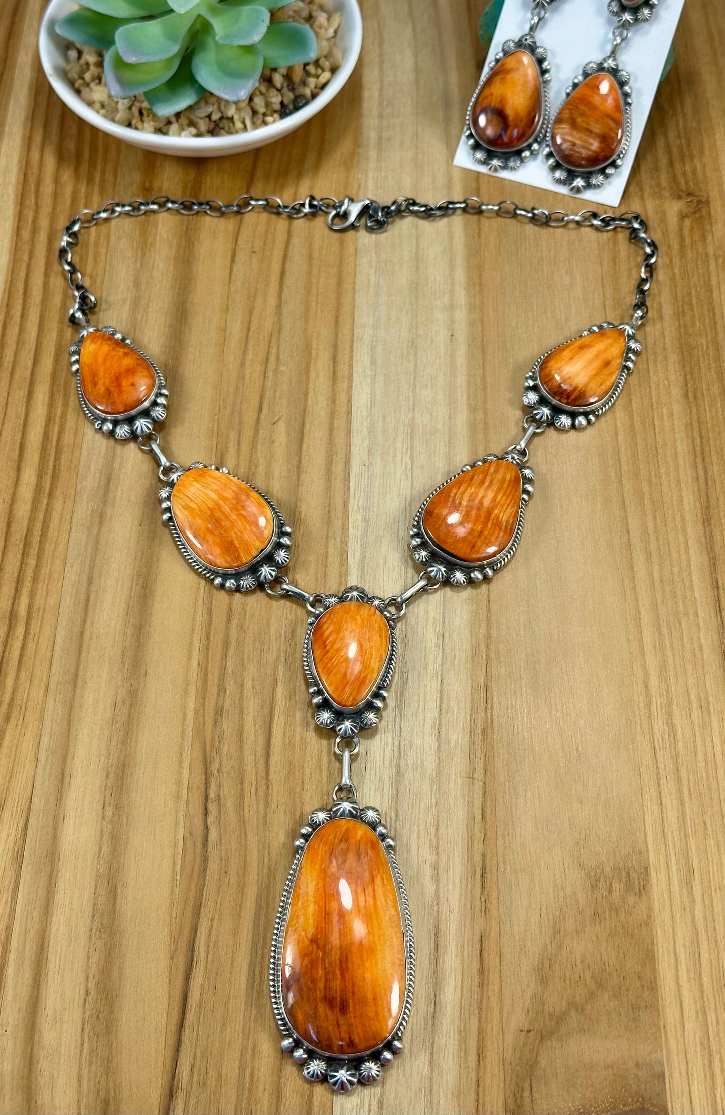 Orange Spiny Oyster Sterling Silver Lariat Necklace Set