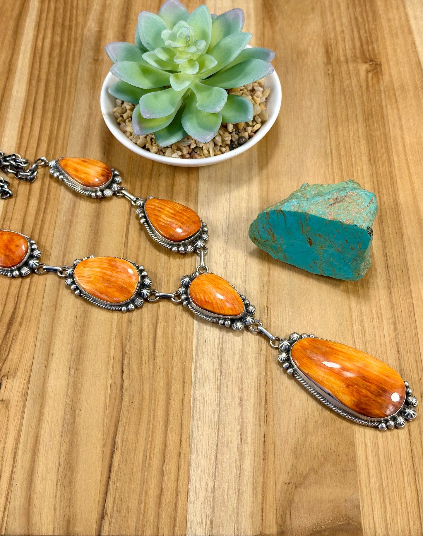 Orange Spiny Oyster Sterling Silver Lariat Necklace Set