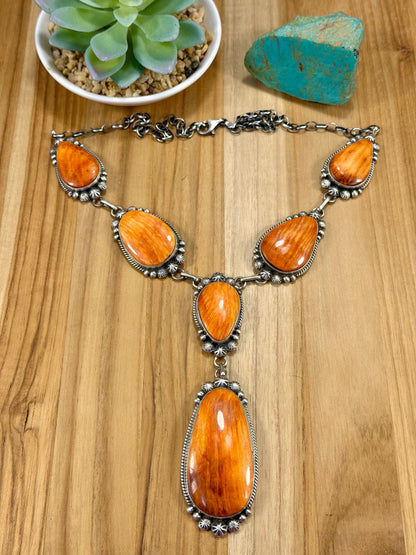 Orange Spiny Oyster Sterling Silver Lariat Necklace Set