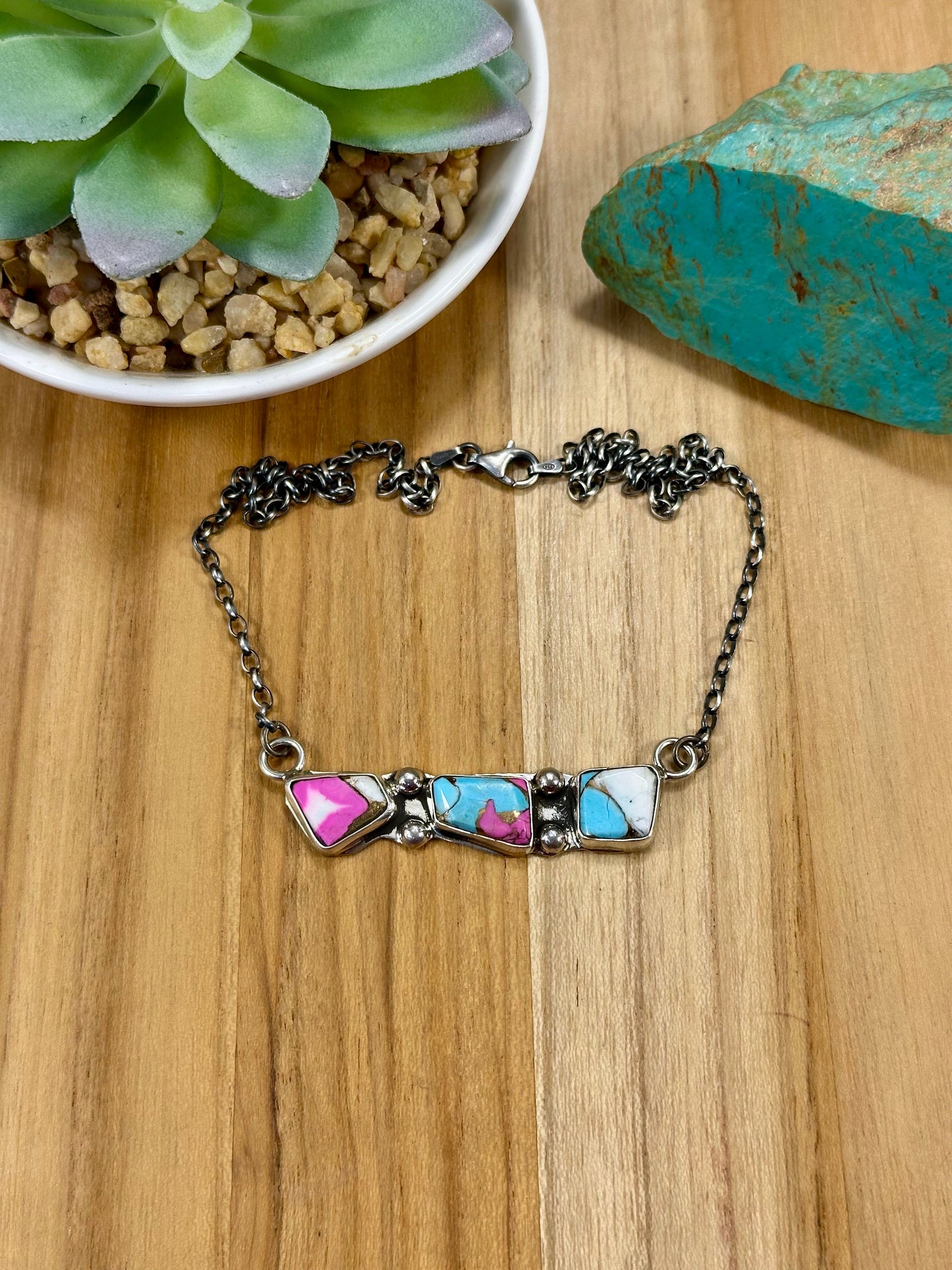 Cotton Candy 3 Stone Bar Sterling Silver Necklace