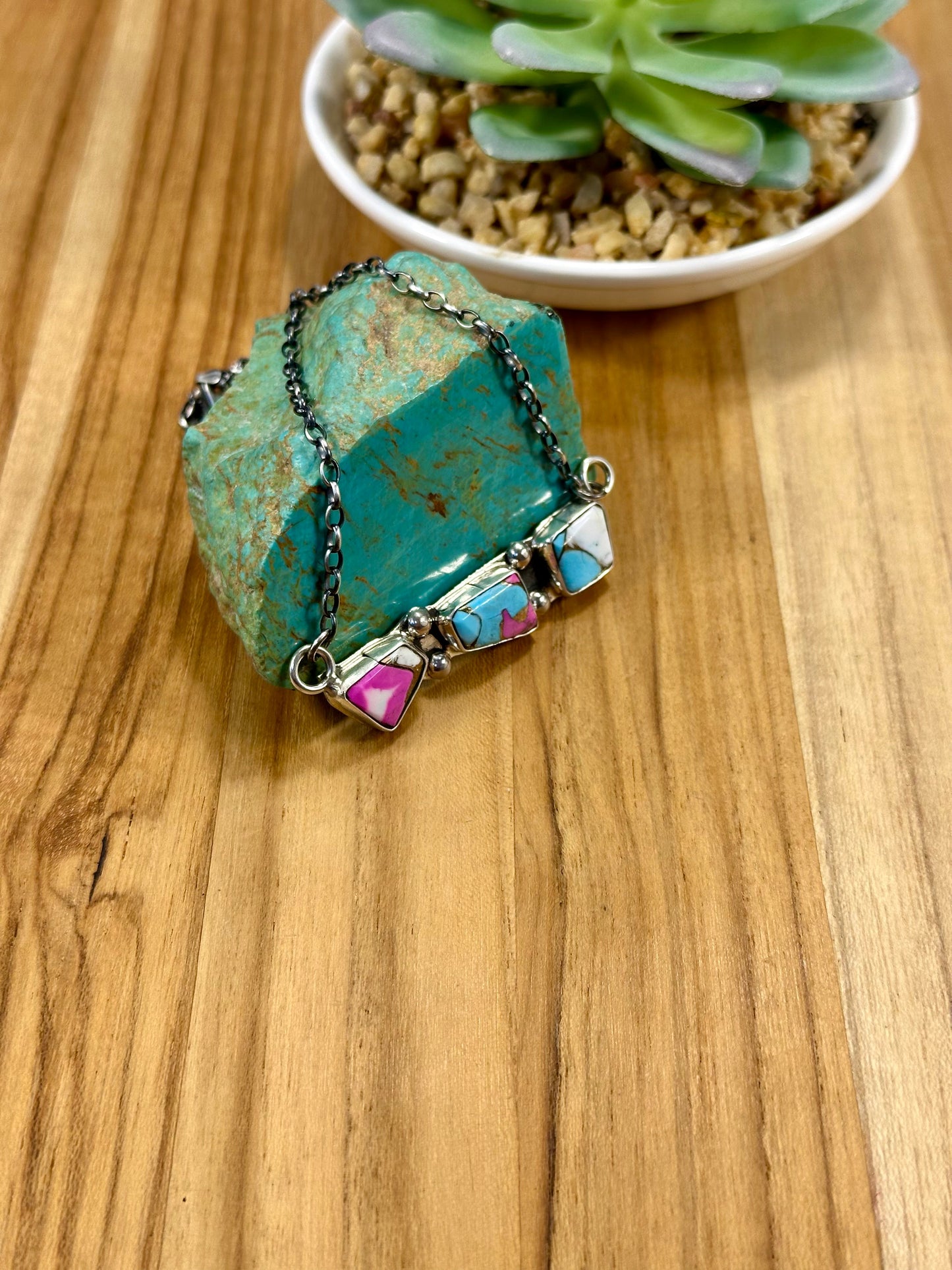 Cotton Candy 3 Stone Bar Sterling Silver Necklace