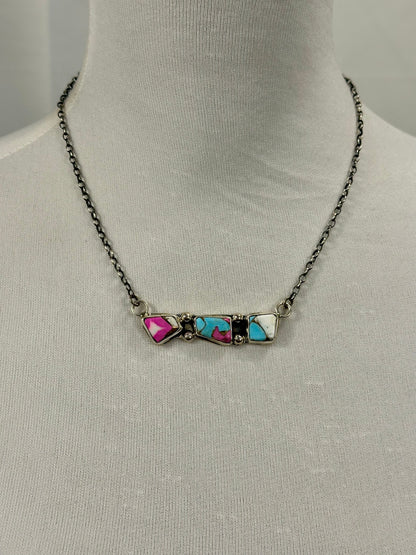 Cotton Candy 3 Stone Bar Sterling Silver Necklace
