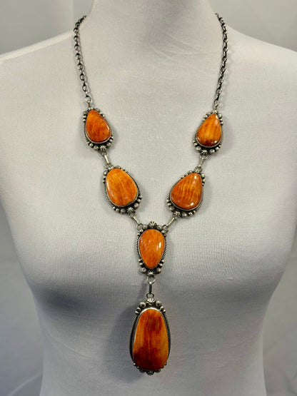 Orange Spiny Oyster Sterling Silver Lariat Necklace Set