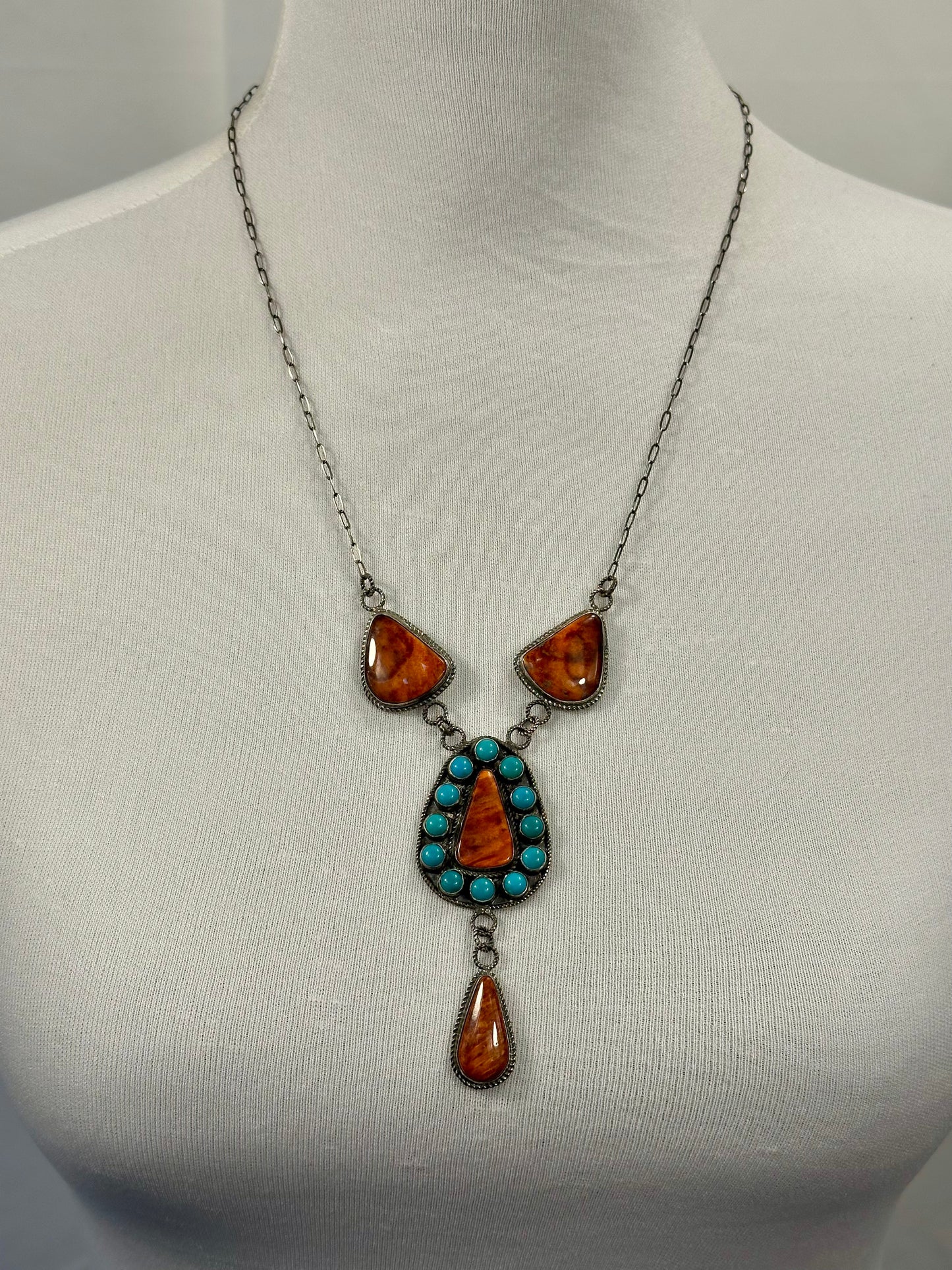 Orange Spiny & Kingman Turquoise Cluster Lariat Necklace