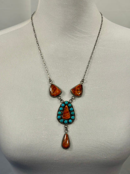Orange Spiny & Kingman Turquoise Cluster Lariat Necklace