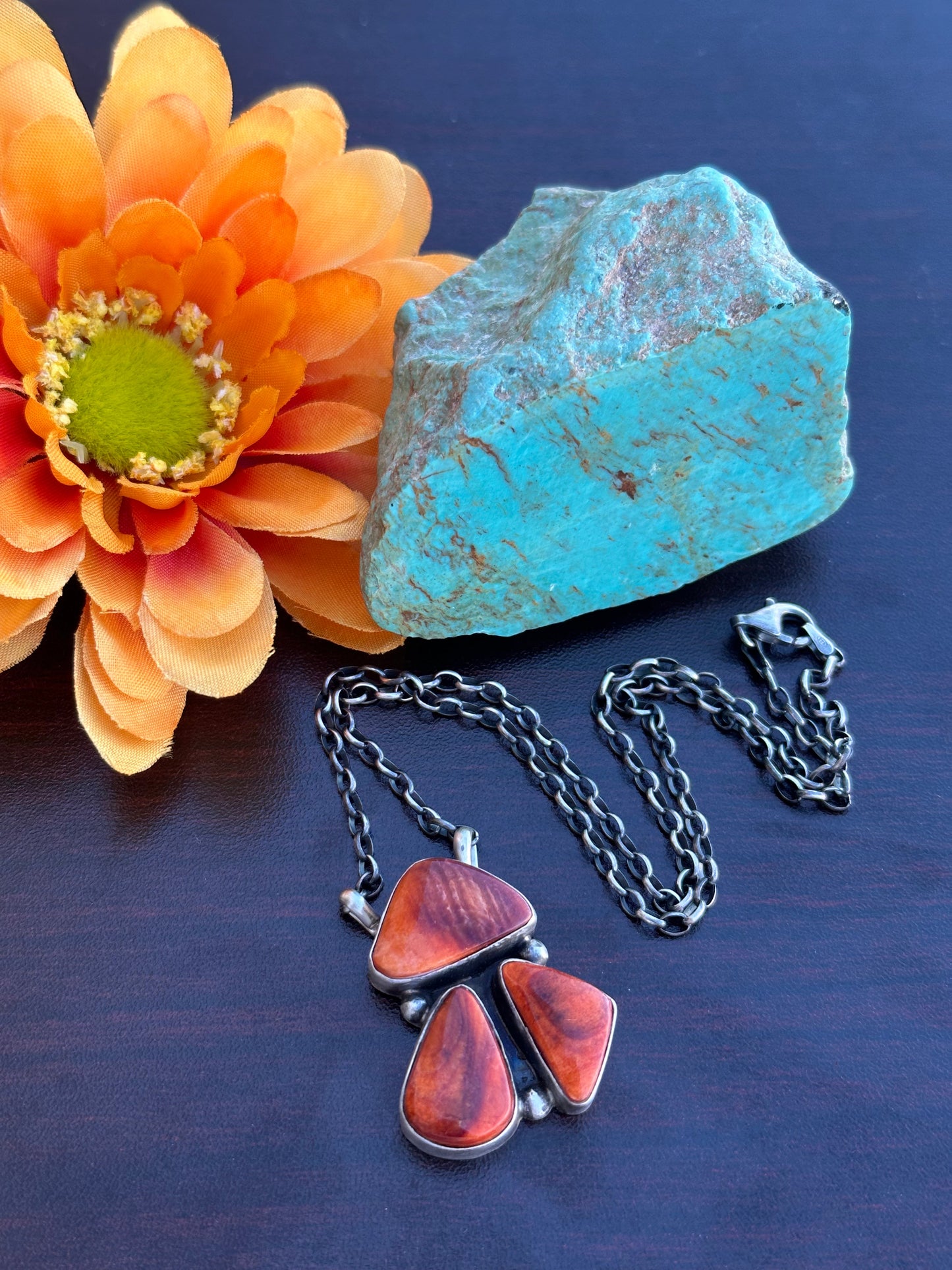 Orange Spiny 3 Stone Fixed Pendant Necklace