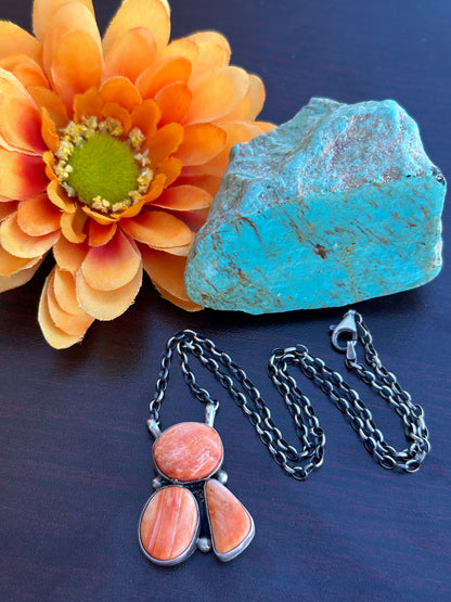 Orange Spiny 3 Stone Fixed Pendant Necklace