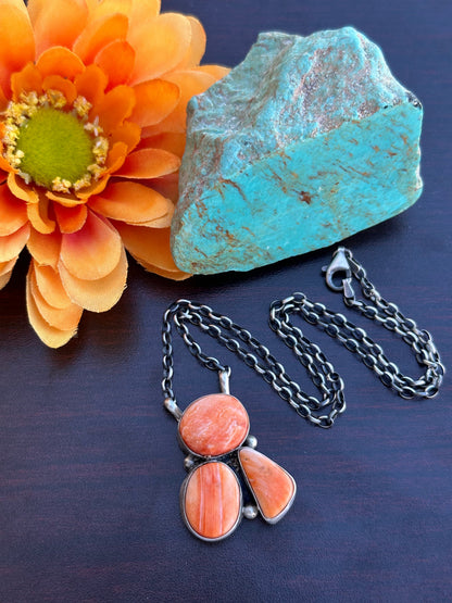 Orange Spiny 3 Stone Fixed Pendant Necklace
