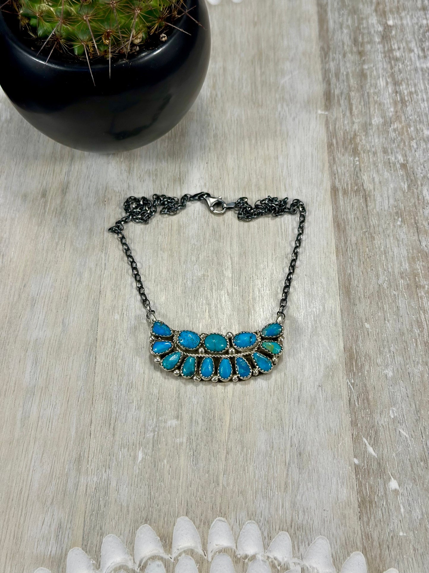 Kingman Turquoise Boat Cluster Sterling Silver Necklace