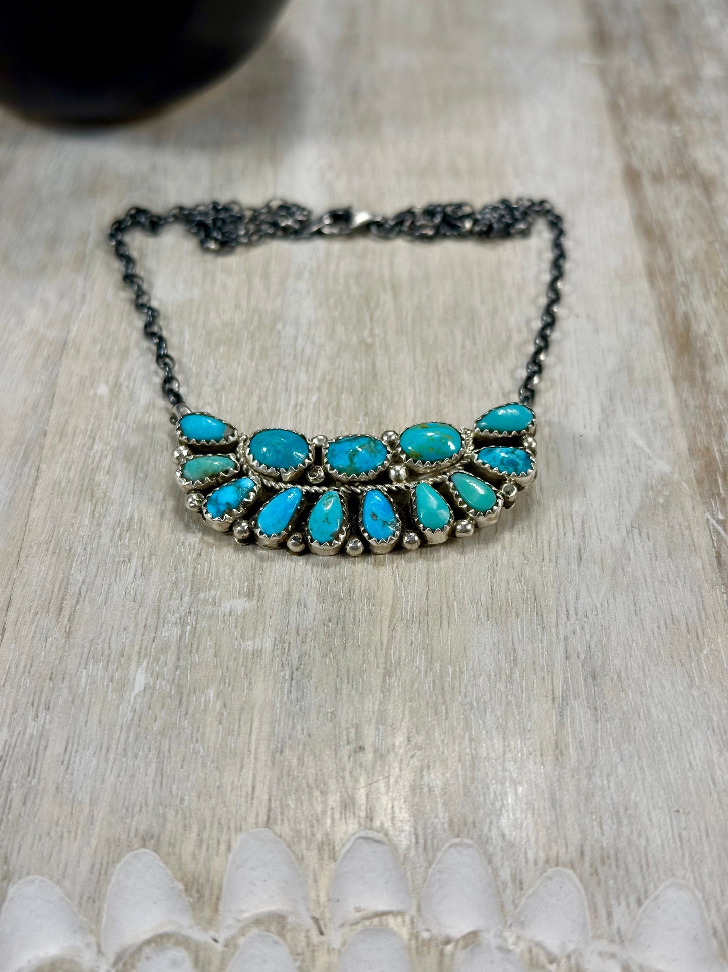 Kingman Turquoise Boat Cluster Sterling Silver Necklace
