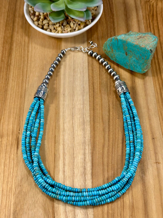 Kingman Turquoise Bead & Sterling Pearl Necklace