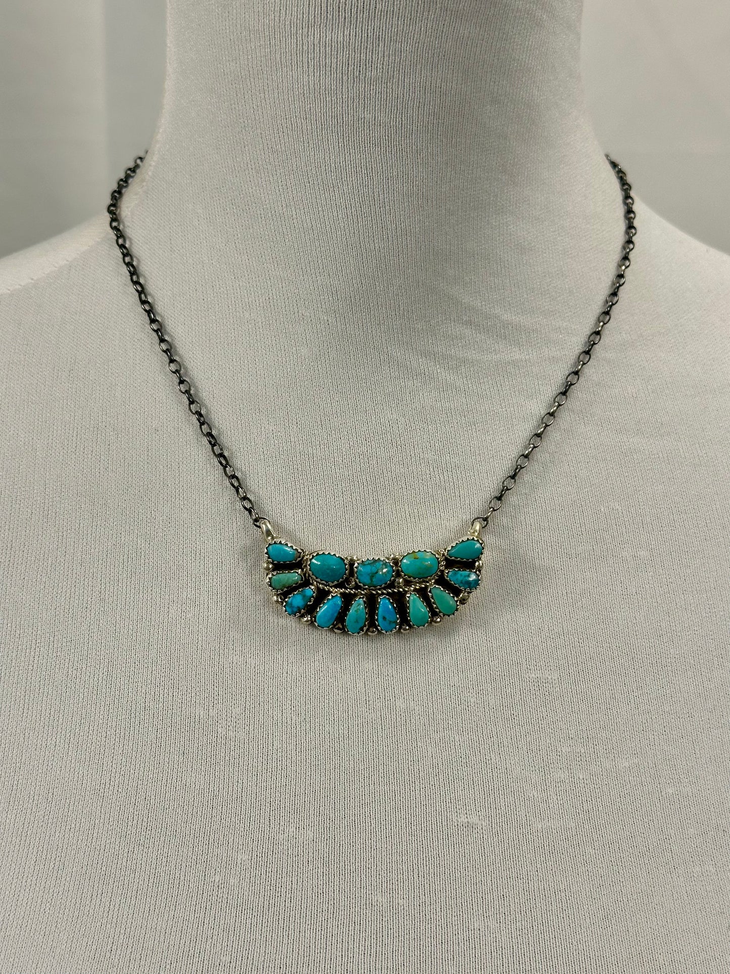 Kingman Turquoise Boat Cluster Sterling Silver Necklace