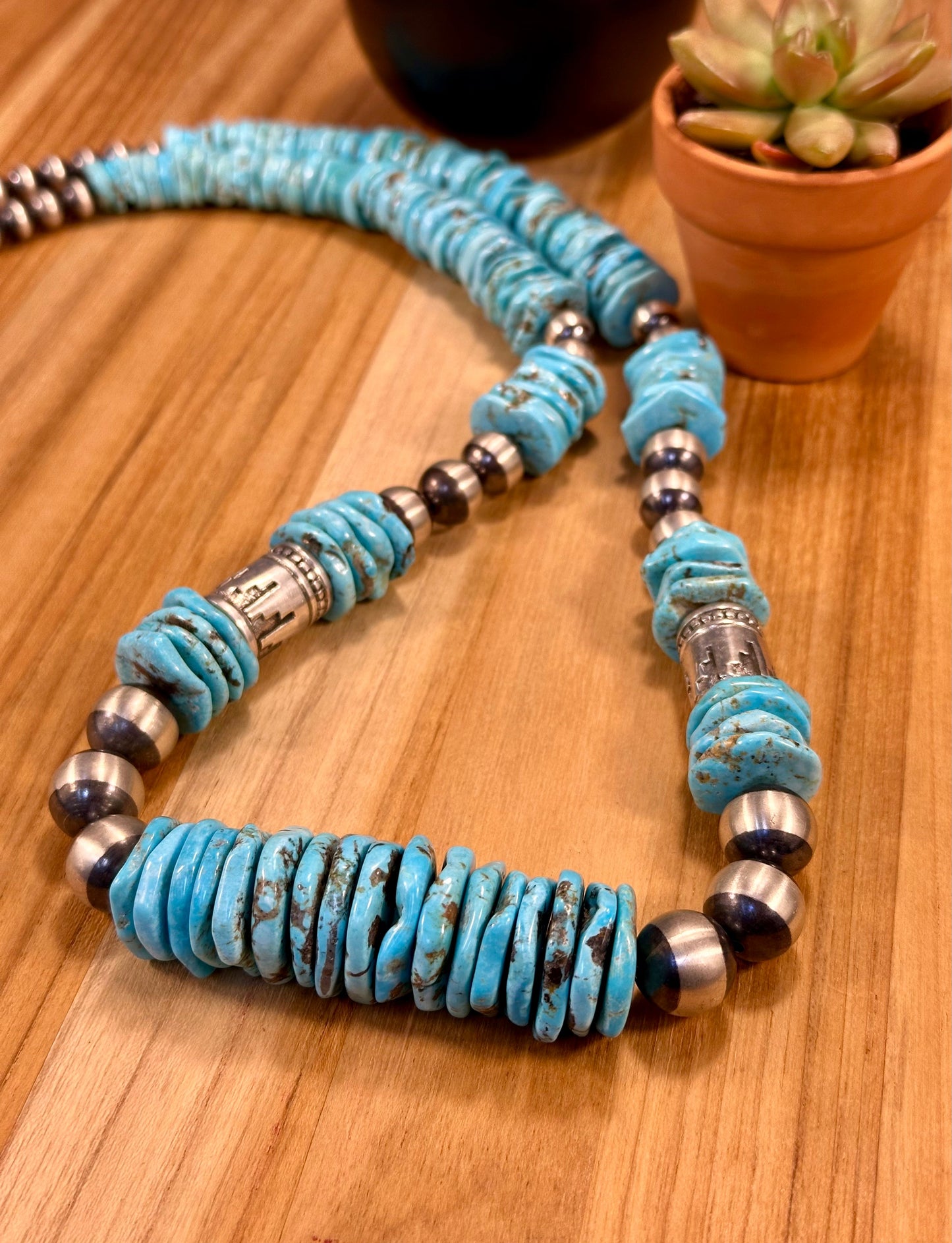 Kingman Turquoise Disc & Sterling Pearl Necklace