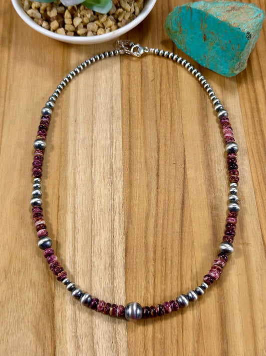 Purple Spiny Oyster & Silver Pearl Bead Necklace