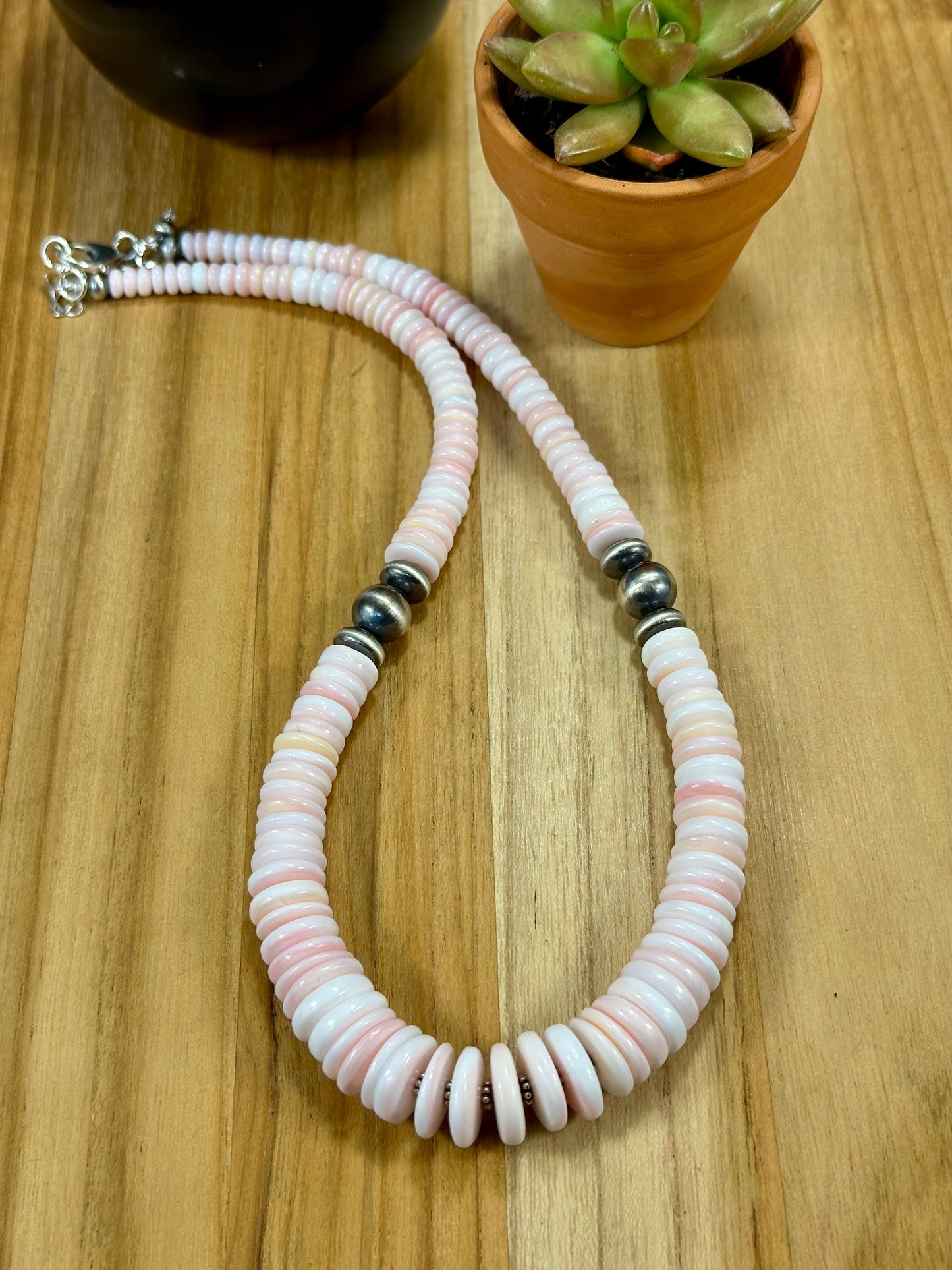 Pink Conch Disc & Sterling Silver Pearl Necklace