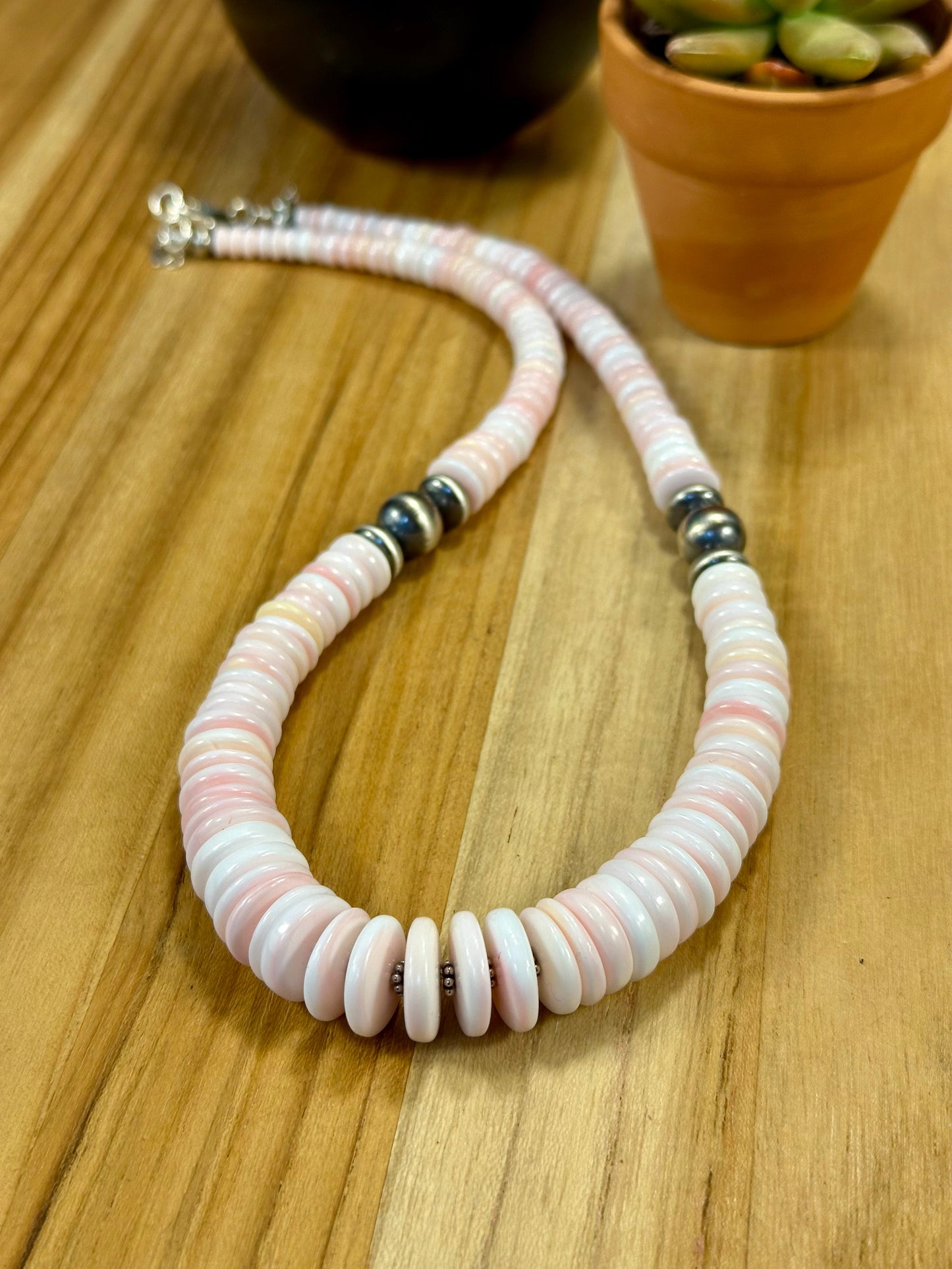 Pink Conch Disc & Sterling Silver Pearl Necklace