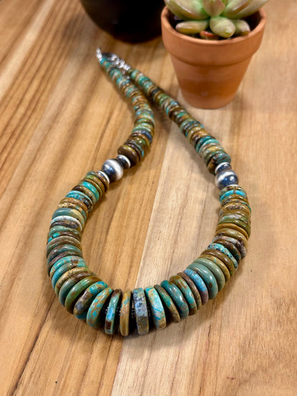 Kingman Turquoise Multi Color Disc & Sterling Silver Pearl Necklace